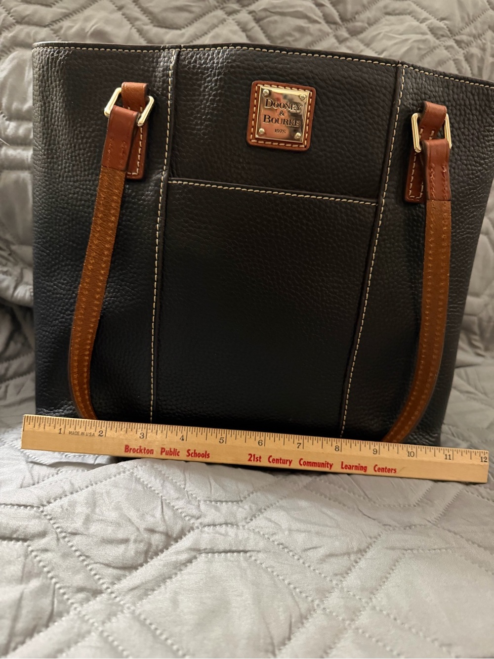 Dooney & Bourke Black Pebbled Leather Tote with Tan Straps